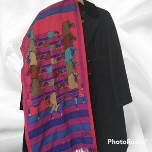💗Hermes Paris Long Reversible Cashmere Silk Scarf Equestrian Horses ASIS